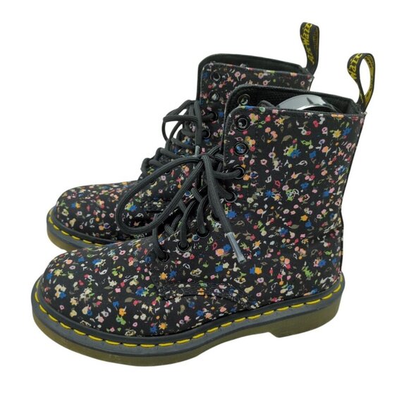 Dr. Martens Page Floral Fabric Black Combat Boots Women's 6 Chunky Platform - Picture 1 of 11